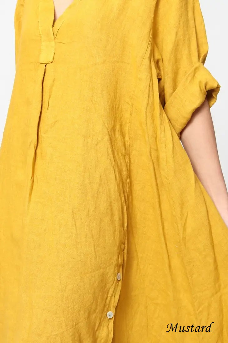 21938 Long Side Button-Up Detailed Linen Dress
