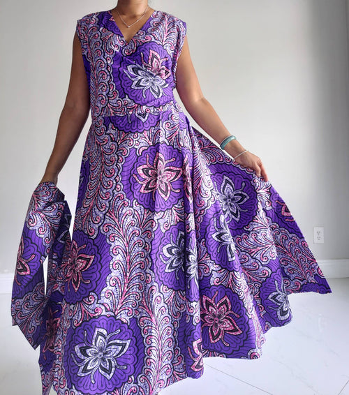 1045 Long Cotton Wax Dye Wrap Dress Purple
