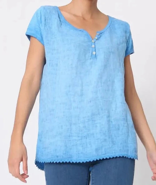 100% Linen V-Neck Buttons Top - 3856