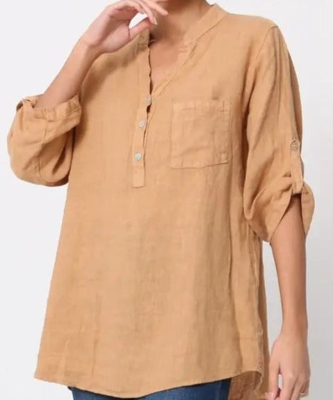 6367 Linen 3/4 Sleeve Blouse With Chest Pocket & Button Details