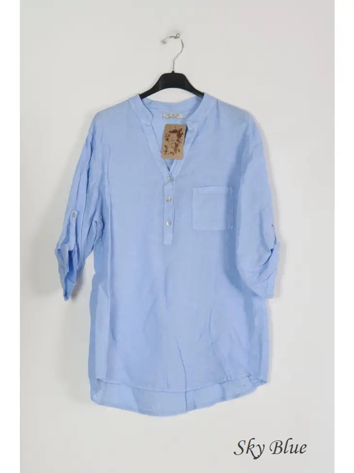 6367 Linen 3/4 Sleeve Blouse With Chest Pocket & Button Details