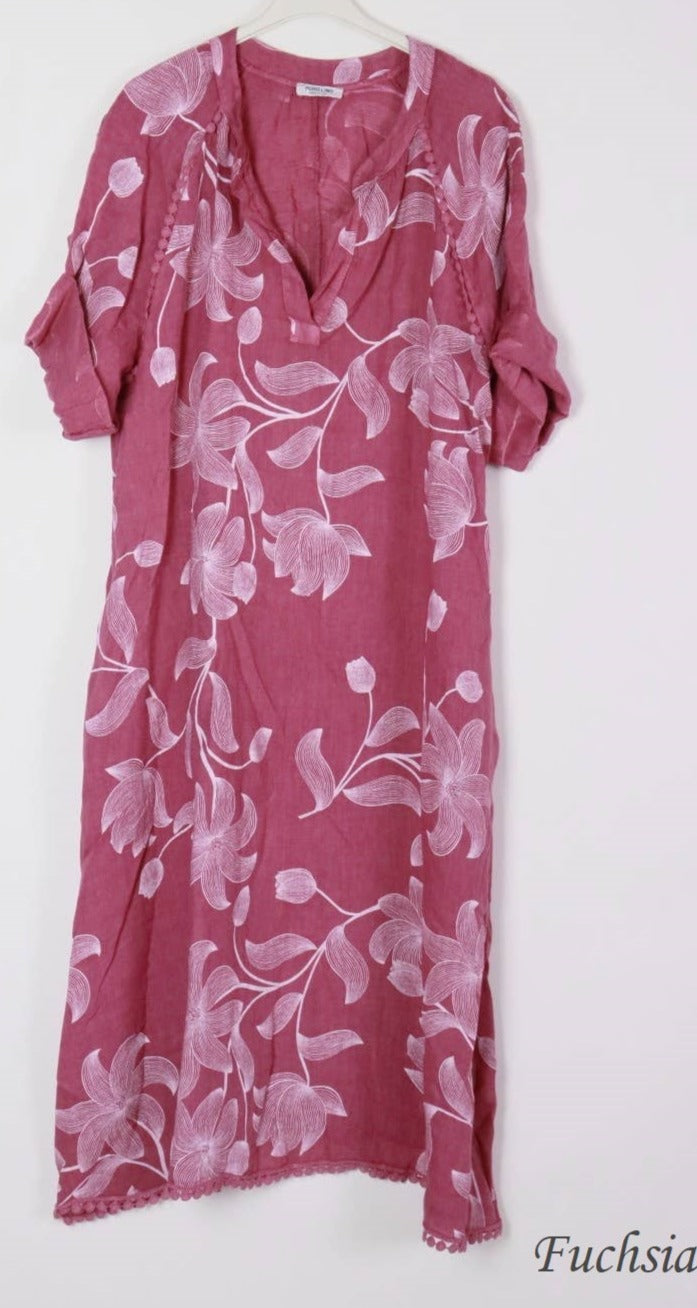 7161A Long Floral V-Notch Neckline Linen Dress