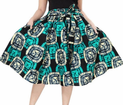 7012 Turquoise & Black Mid Length Wax Dye Flared Skirt