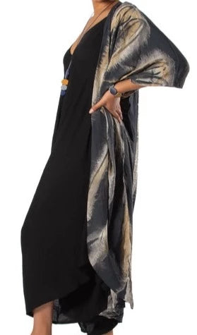 Abstract Tie Dye Long Kimono - Grey & Gold