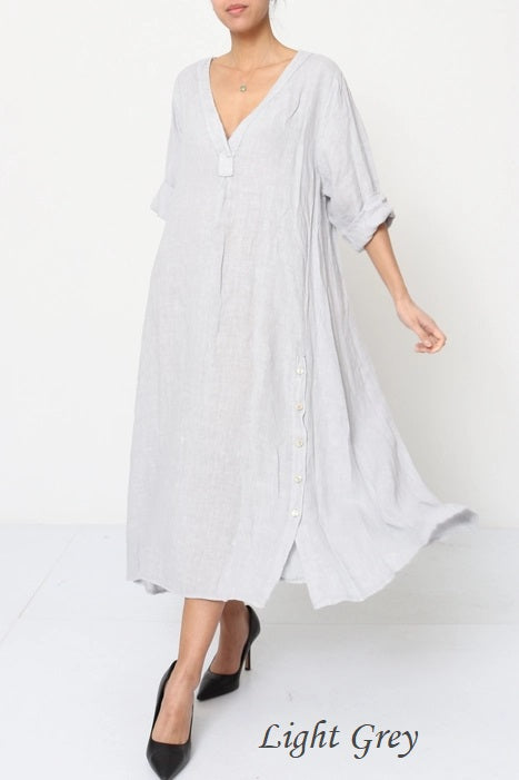 21938 Long Side Button-Up Detailed Linen Dress