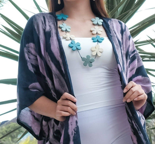 Abstract Tie Dye Design Short Kimono - Purple & Grey
