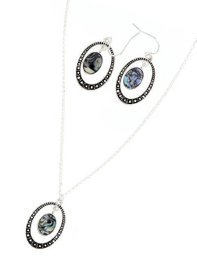 FR3210 Abalone Oval Shape Silver Tone Layers Pendent Set