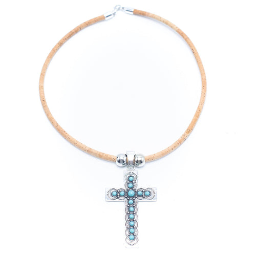 Turquoise Cross Natural Cork Handmade Necklace 96-5