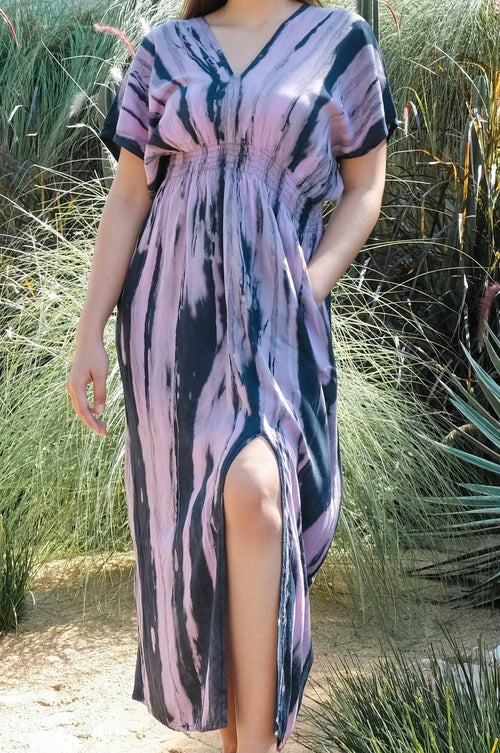 V-Neck Maxi Dress - Abstract Tie Dye Design