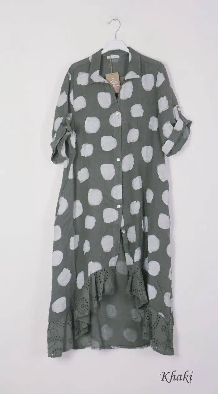 71582 Artsy Dots Long Linen Button Dress