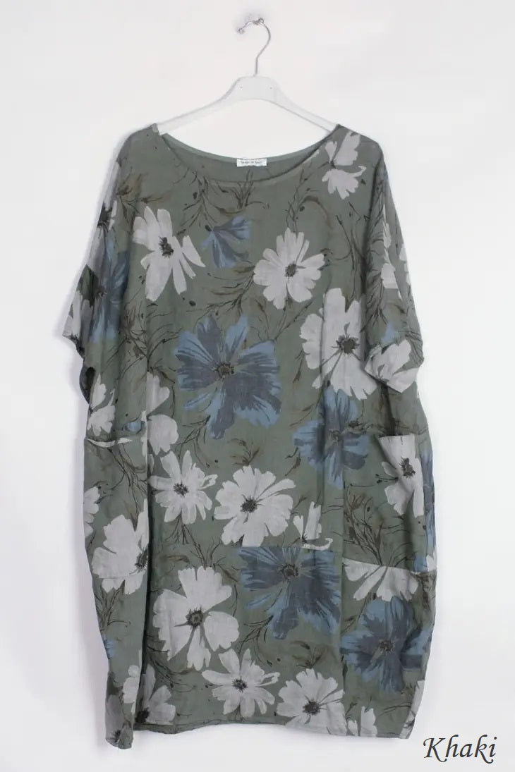 670 Floral Linen Dress With Side Pockets
