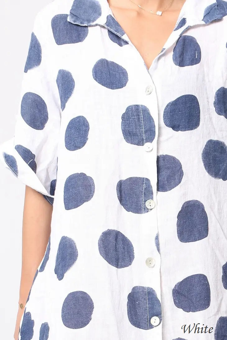 71582 Artsy Dots Long Linen Button Dress