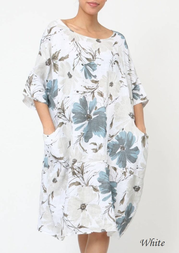 670 Floral Linen Dress With Side Pockets