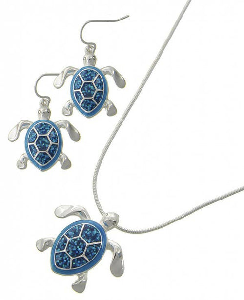 FR2890 Abalone and Glitter Turtle Necklace & Earrings Set - Blue